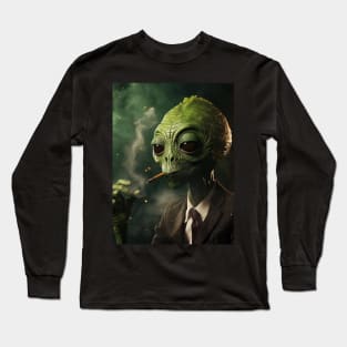 Green Alien Smoking a Cigar Long Sleeve T-Shirt